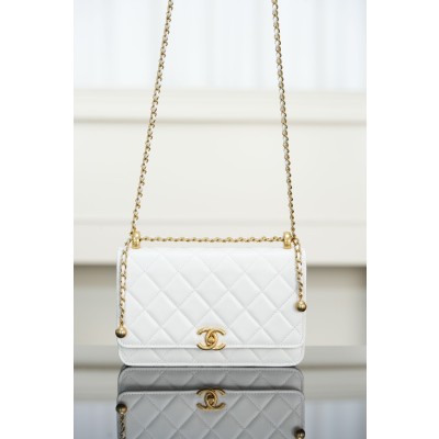 샤넬 램스킨 체인 지갑 크로스백 화이트 금장 12x19x3.5