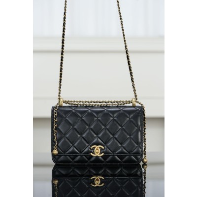 샤넬 램스킨 체인 지갑 크로스백 블랙 금장 12x19x3.5