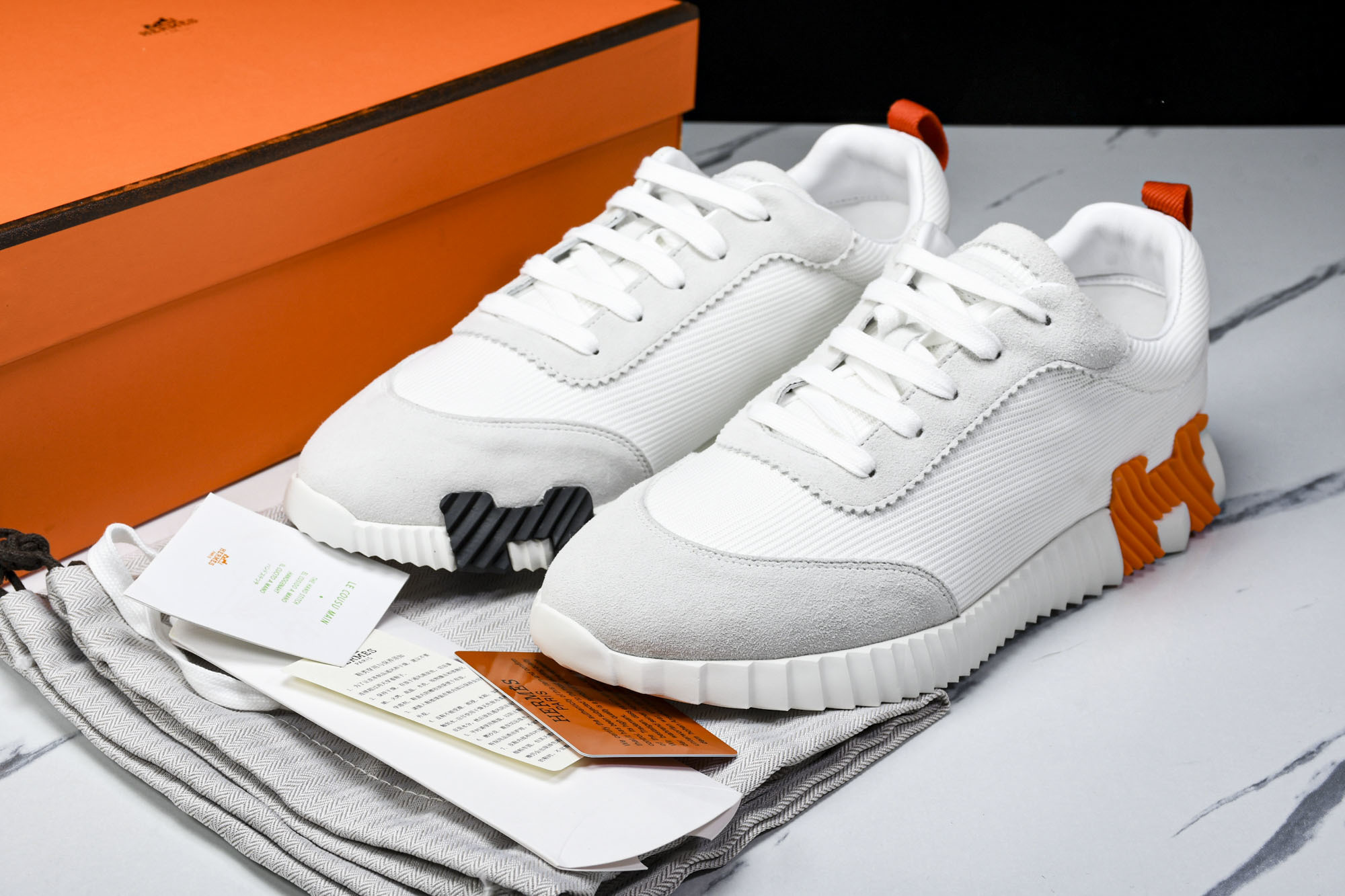 [E2] 에르메스 바운싱 스니커즈 메쉬 스웨이드 고트스킨 화이트 오렌지