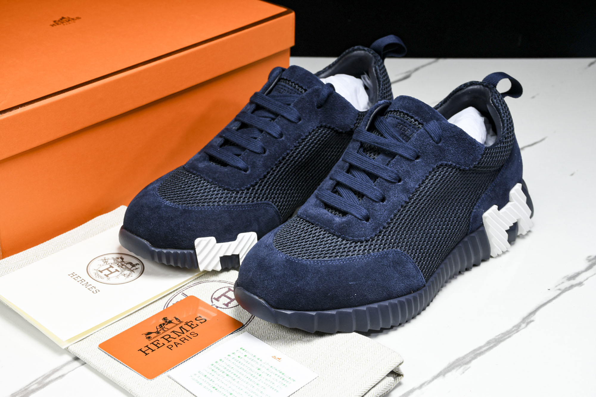 [GD] 에르메스 바운싱 스니커즈 그래픽 메쉬 스웨이드 고트스킨 마린 화이트