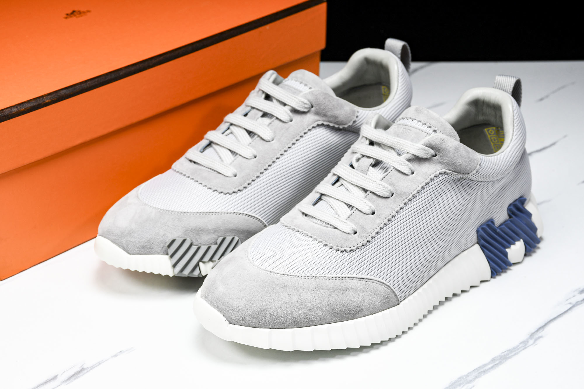 [E2] 에르메스 바운싱 스니커즈 그래픽 메쉬 스웨이드 고트스킨 그레이 블루