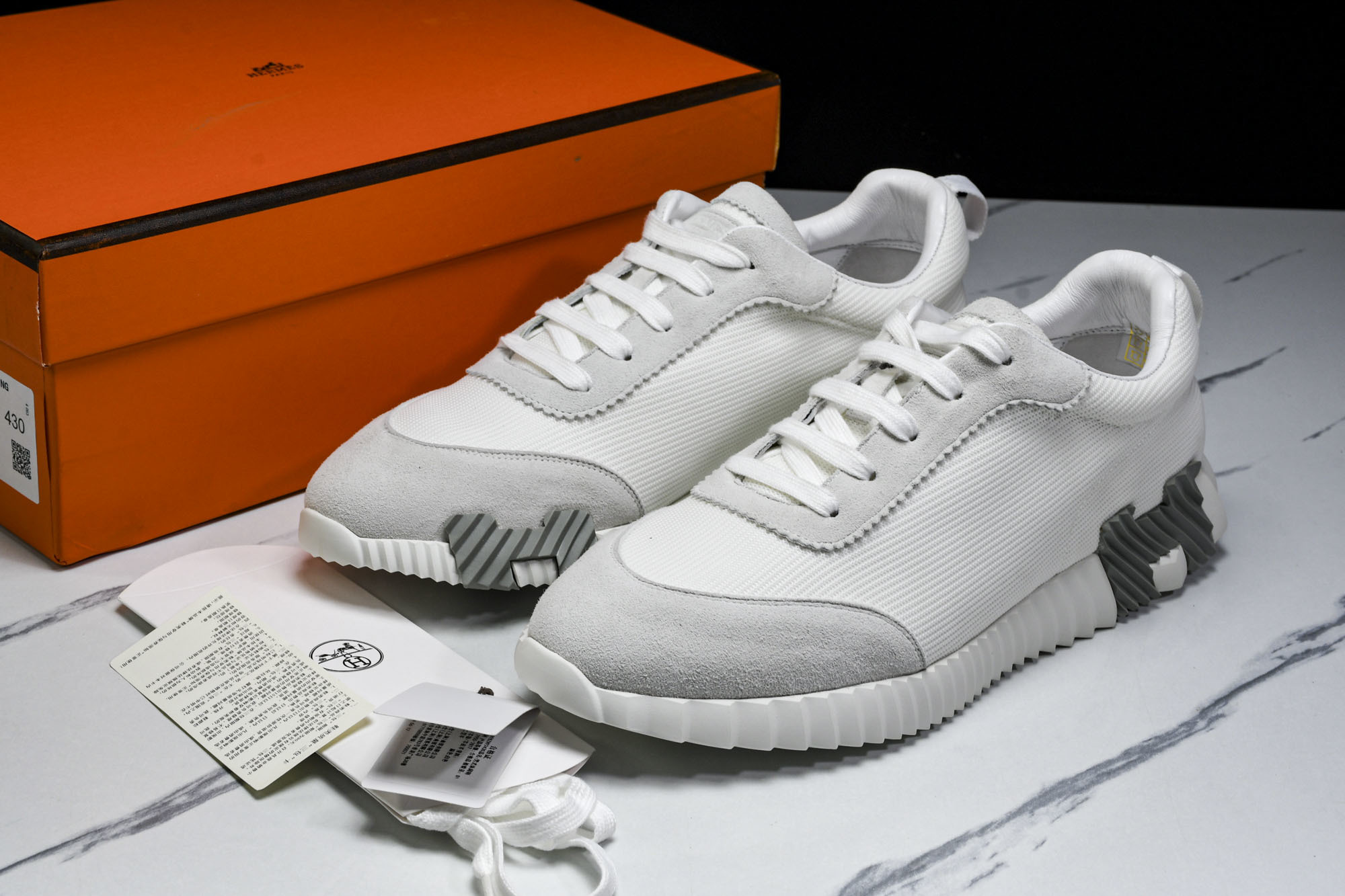 [E2] 에르메스 바운싱 스니커즈 그래픽 메쉬 스웨이드 고트스킨 화이트 그레이