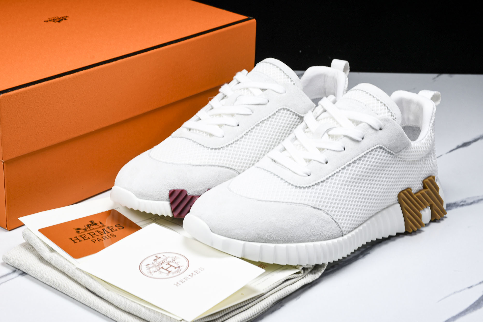 [E2] 에르메스 바운싱 스니커즈 메쉬 스웨이드 고트스킨 화이트 레드&오렌지