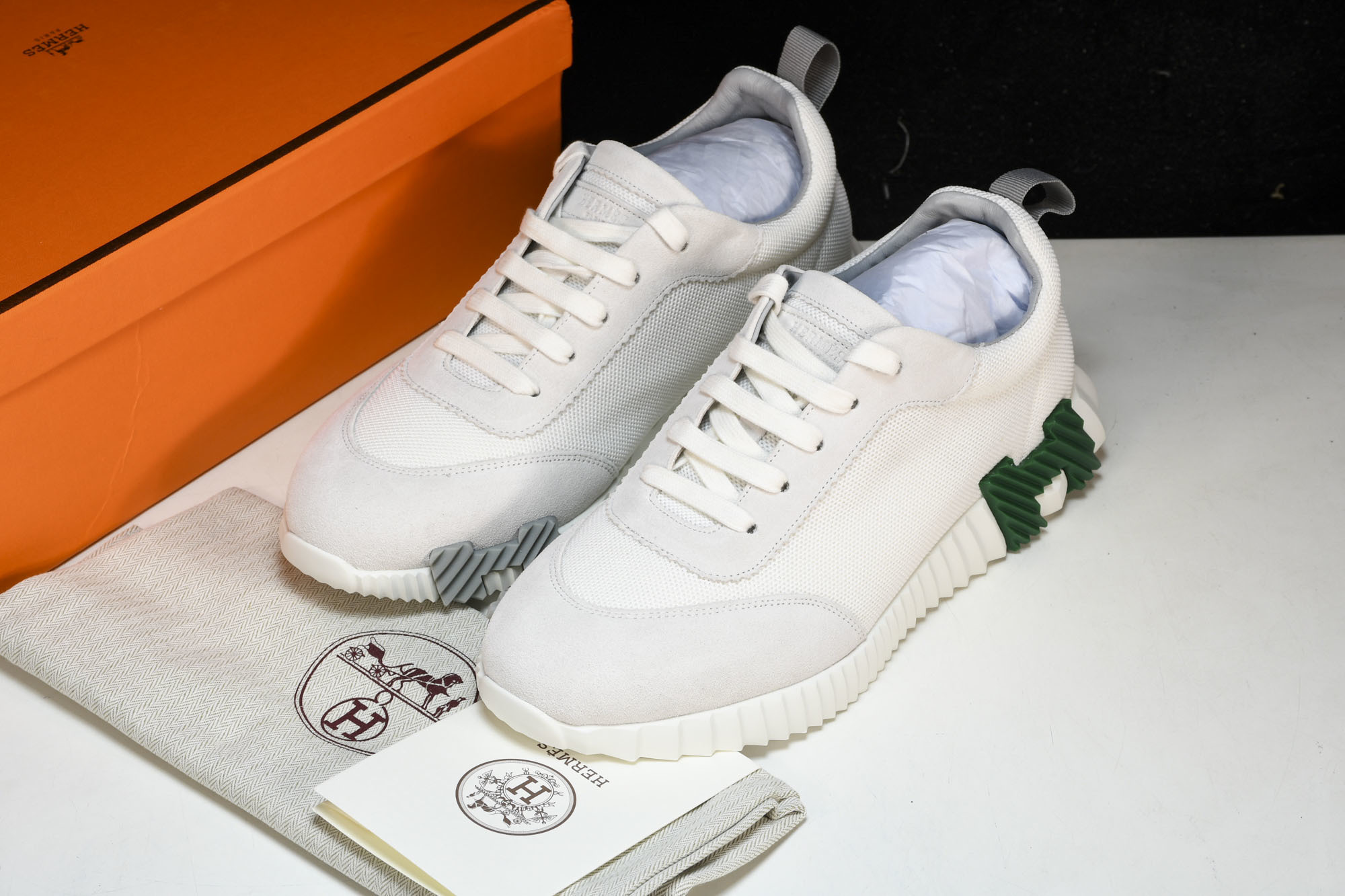 [GD] 에르메스 바운싱 스니커즈 메쉬 스웨이드 고트스킨 아이보리 그린&그레이