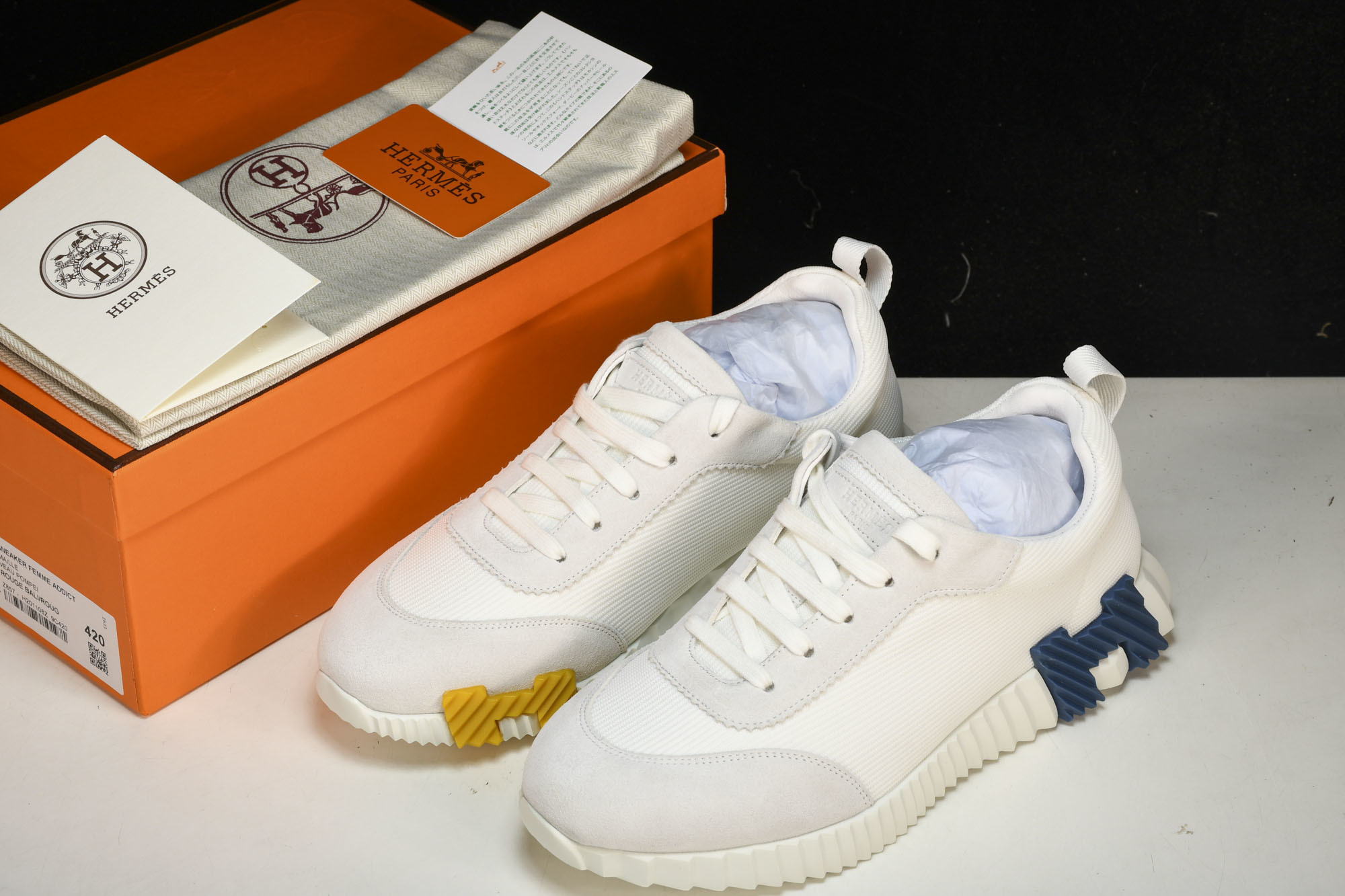 [GD] 에르메스 바운싱 스니커즈 메쉬 스웨이드 고트스킨 화이트 블루&옐로우