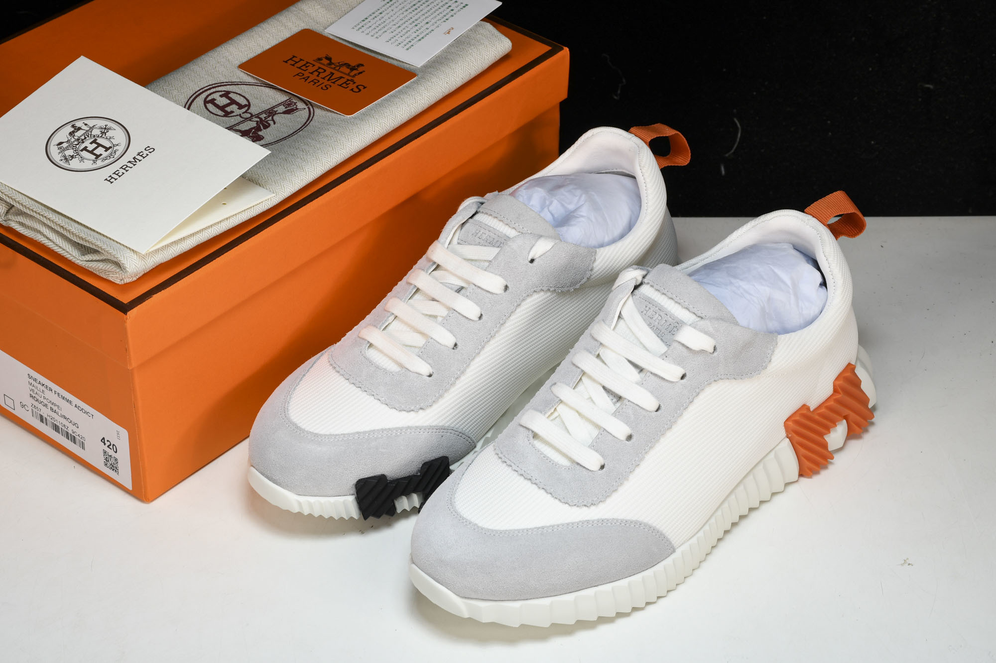 [GD] 에르메스 바운싱 스니커즈 메쉬 스웨이드 고트스킨 화이트 블랙&오렌지