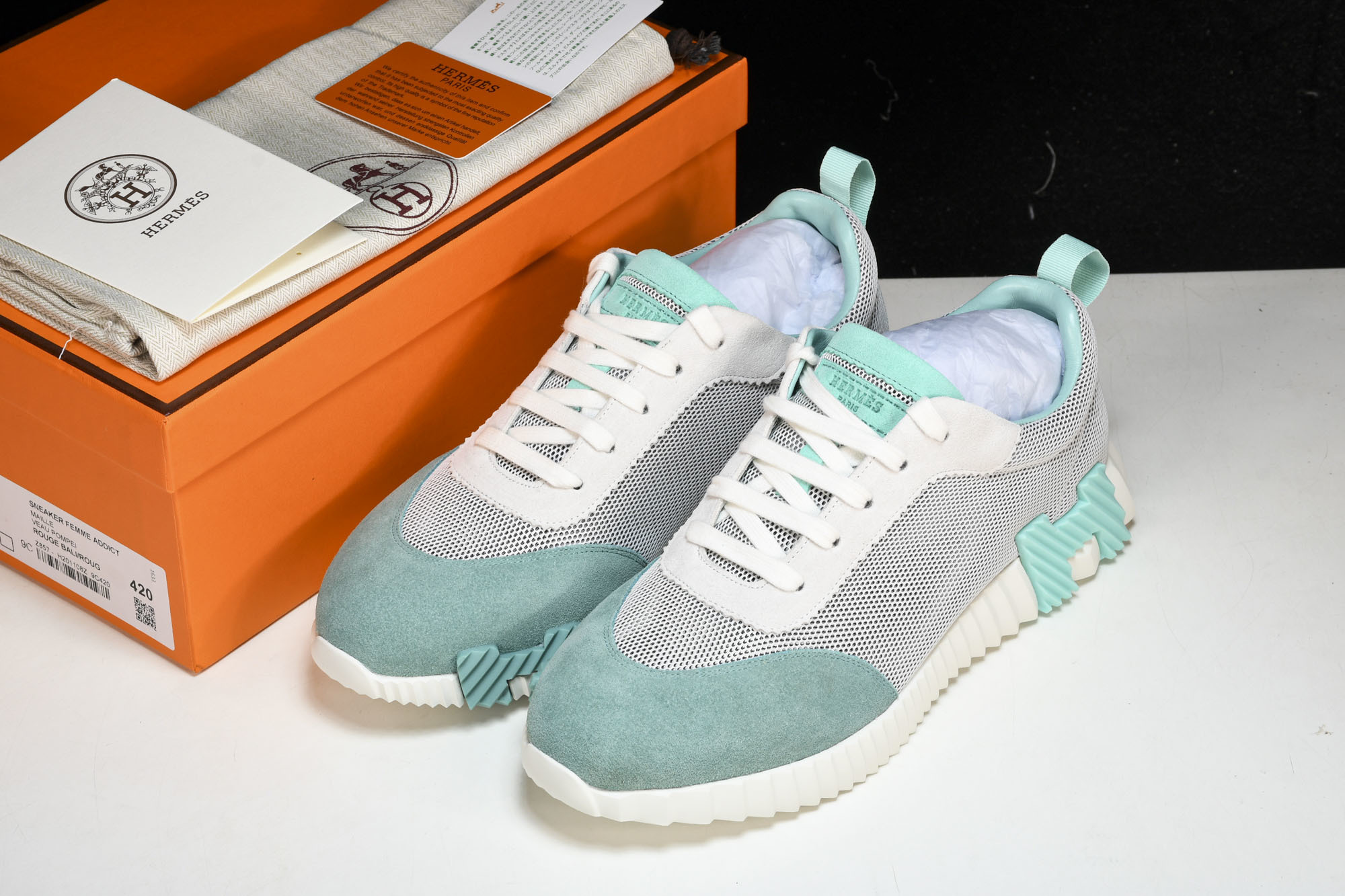 [GD] 에르메스 바운싱 스니커즈 그래픽 메쉬 스웨이드 고트스킨 민트