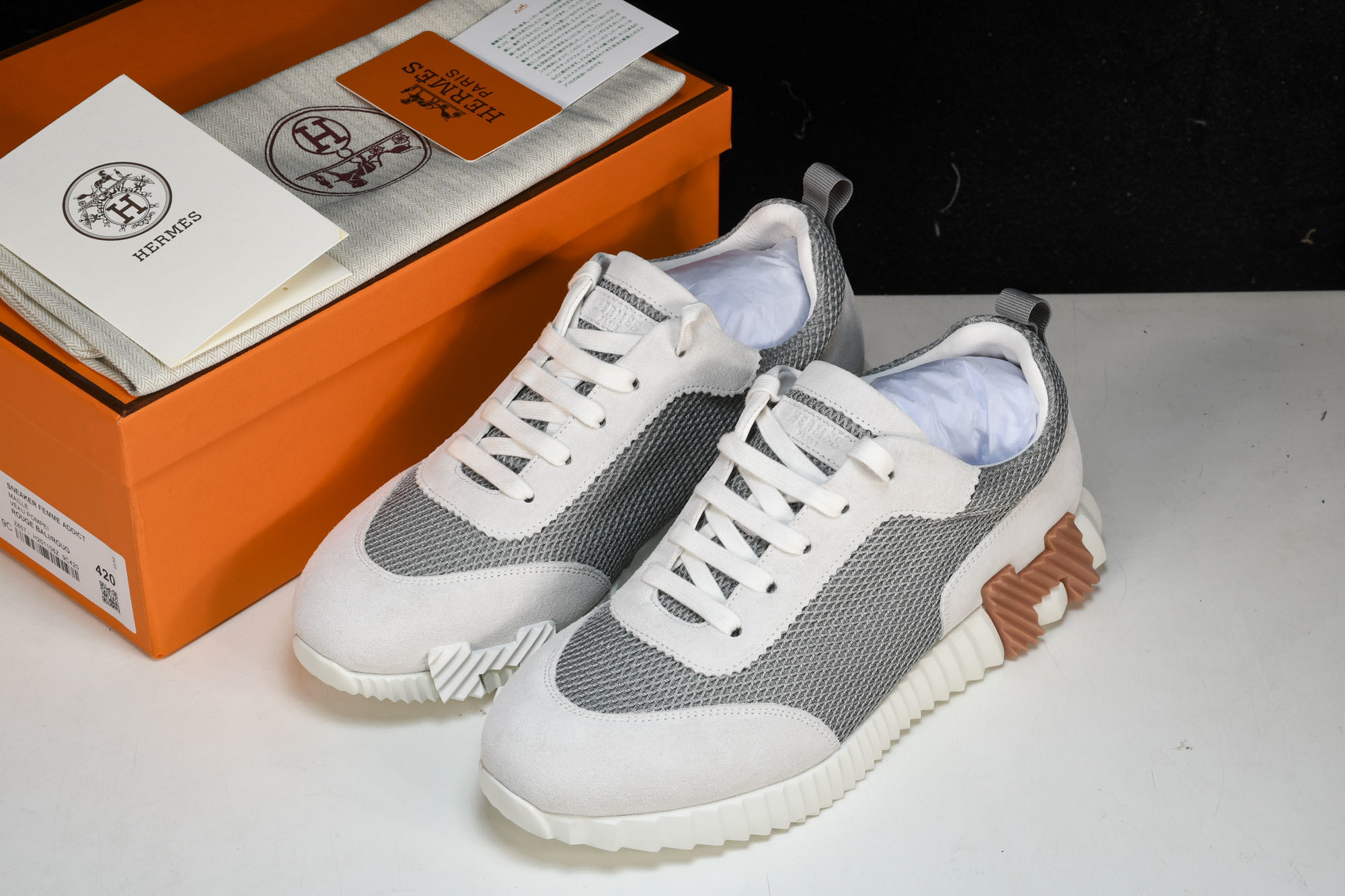 [GD] 에르메스 바운싱 스니커즈 그래픽 메쉬 스웨이드 고트스킨 화이트 브라운