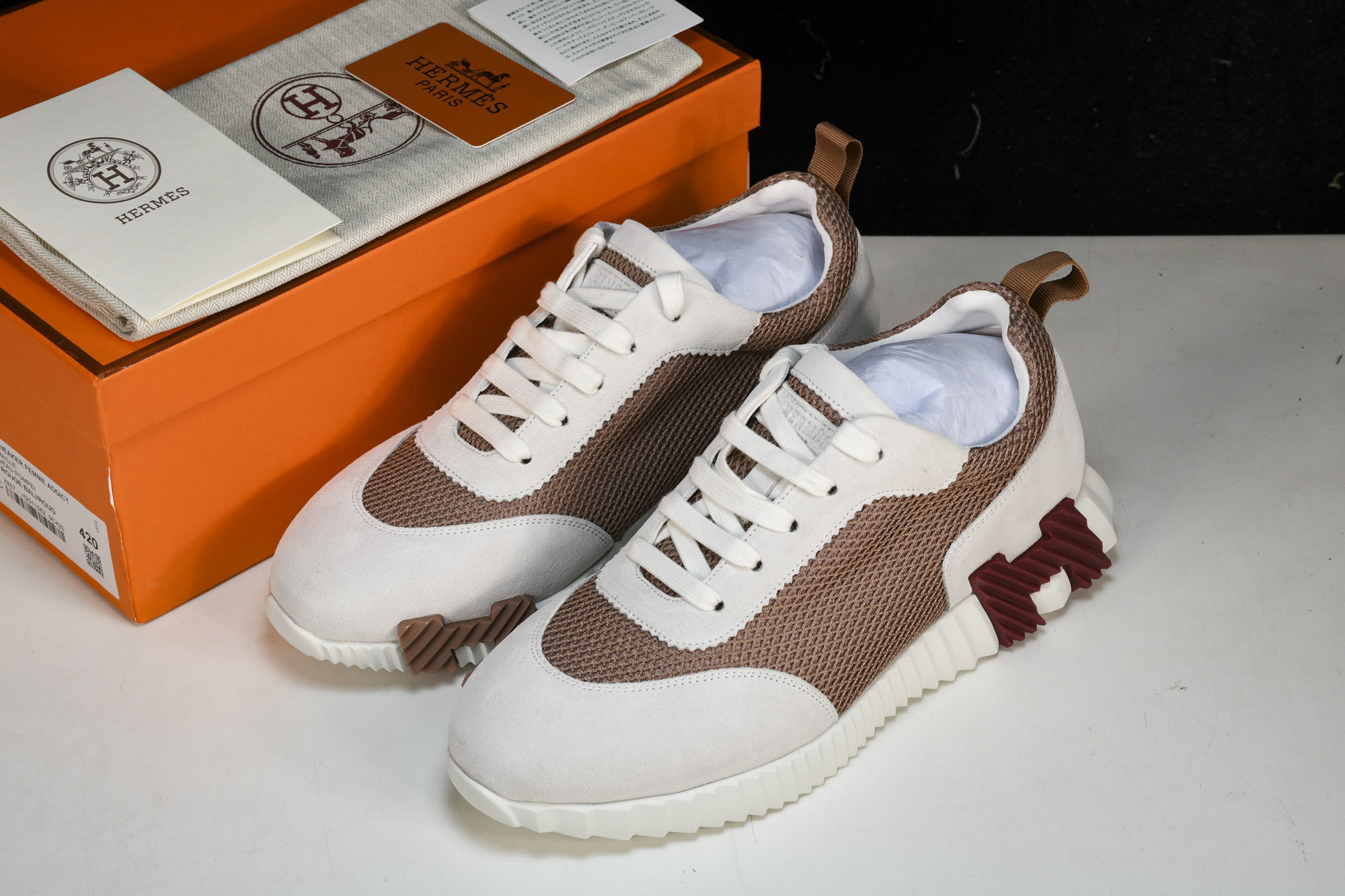 [GD] 에르메스 바운싱 스니커즈 그래픽 메쉬 스웨이드 고트스킨 베이지 레드