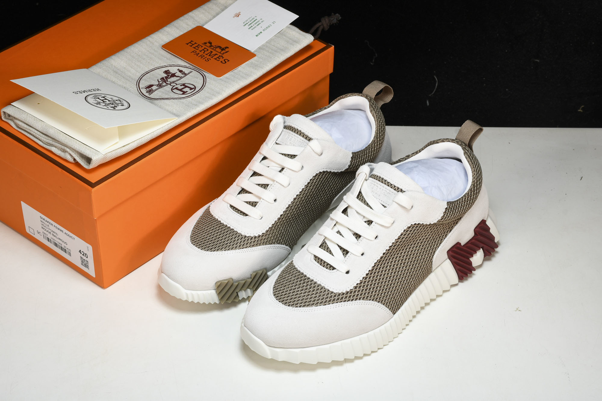 [GD] 에르메스 바운싱 스니커즈 그래픽 메쉬 스웨이드 고트스킨 베이지 레드